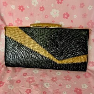 Vintage 60s Mod Long 1960s  Snakeskin Clutch Purse Black Gold Evening Bag